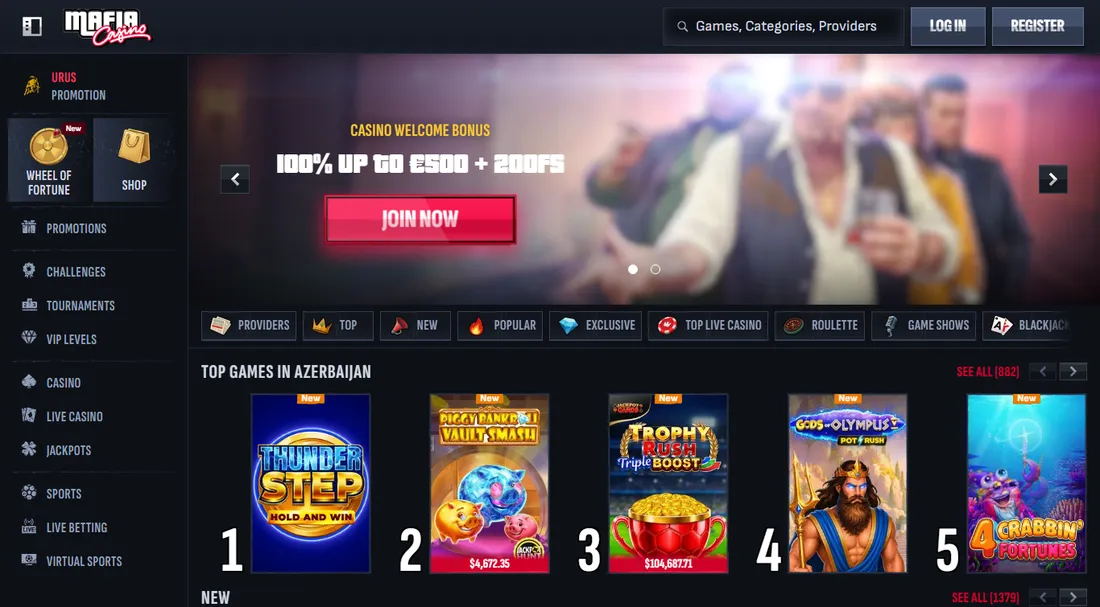 Homepage di Mafia Casino, acquisita il 28 settembre 2026